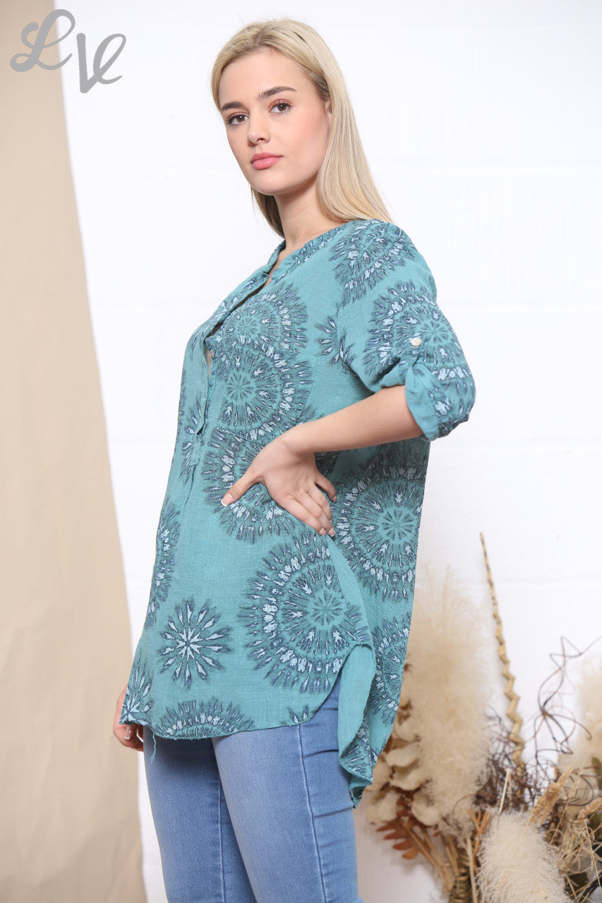Ladies Tie Dye Firework Print Grandad Blouse Tiffany