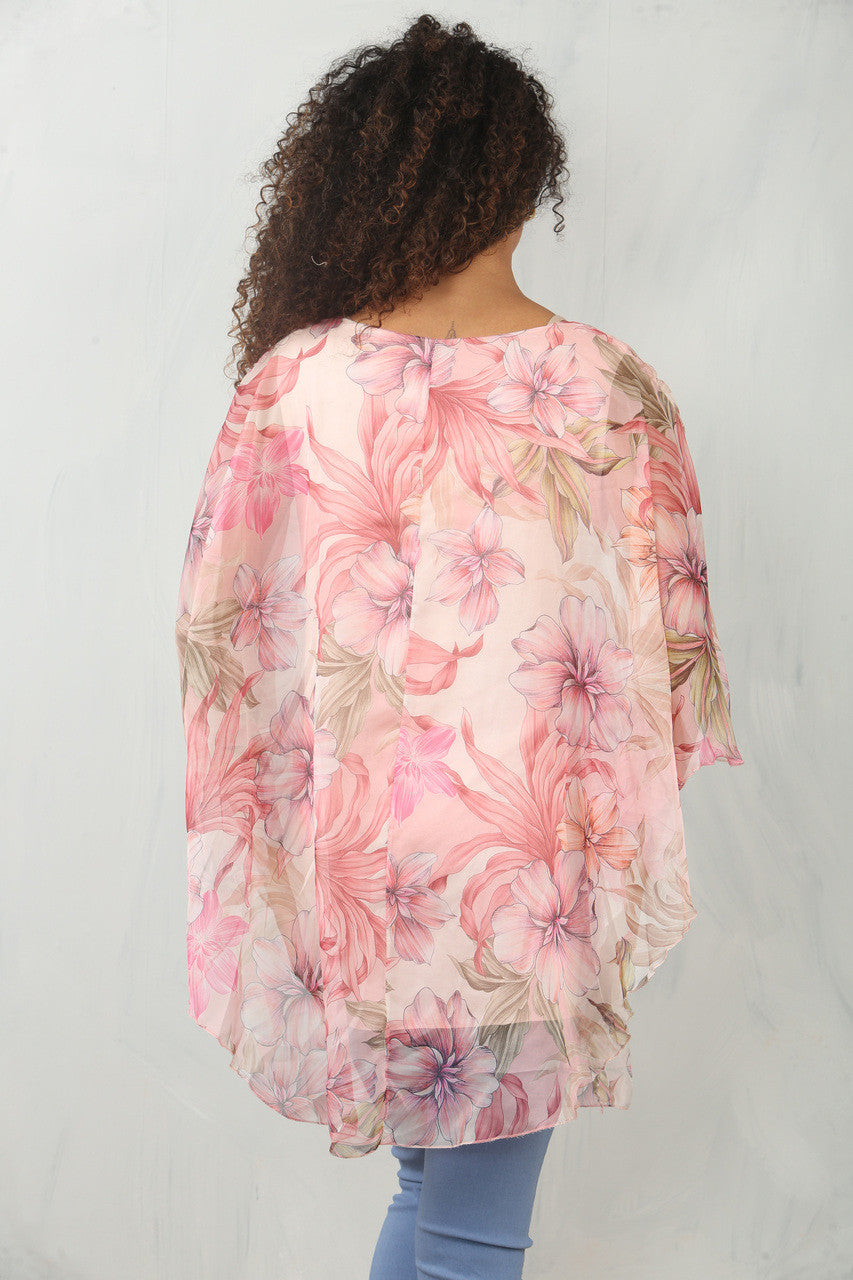 BLOES MET BLOEMEN- EN BLADPRINT EN VLIEGENDE STOF - ROZE
