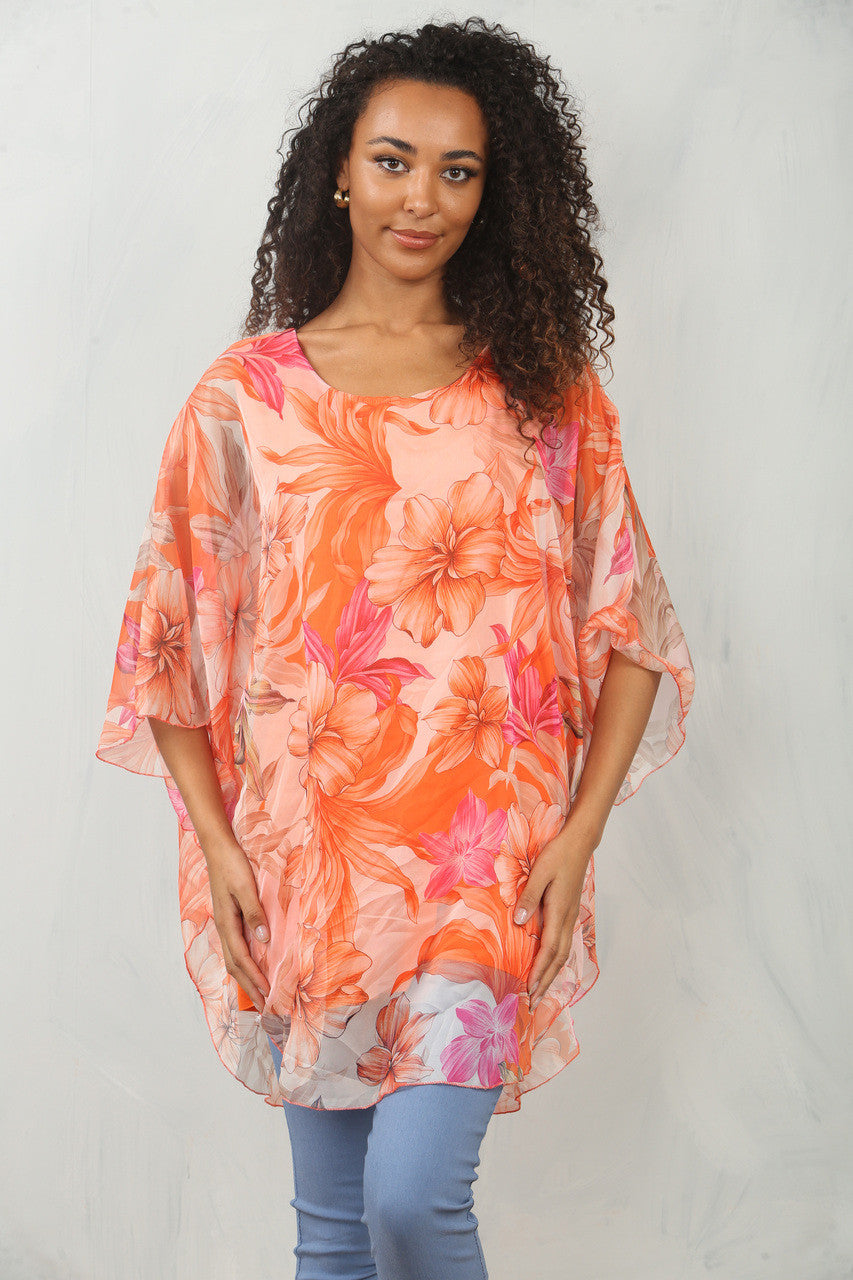 FLORAL BLADPRINT ZWIERIGE BLOUSE TOP - ORANJE
