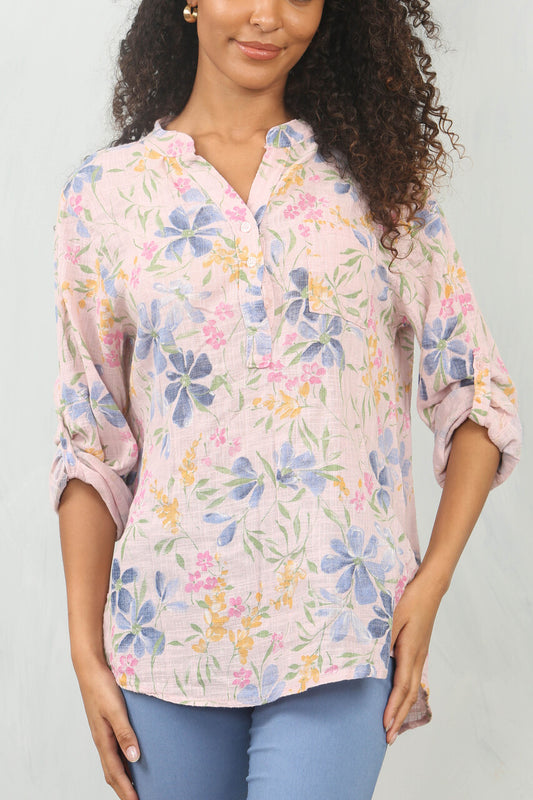 DITSY FLORAL MIX GRANDAD SHIRT BLOUSE - DUSTY PINK