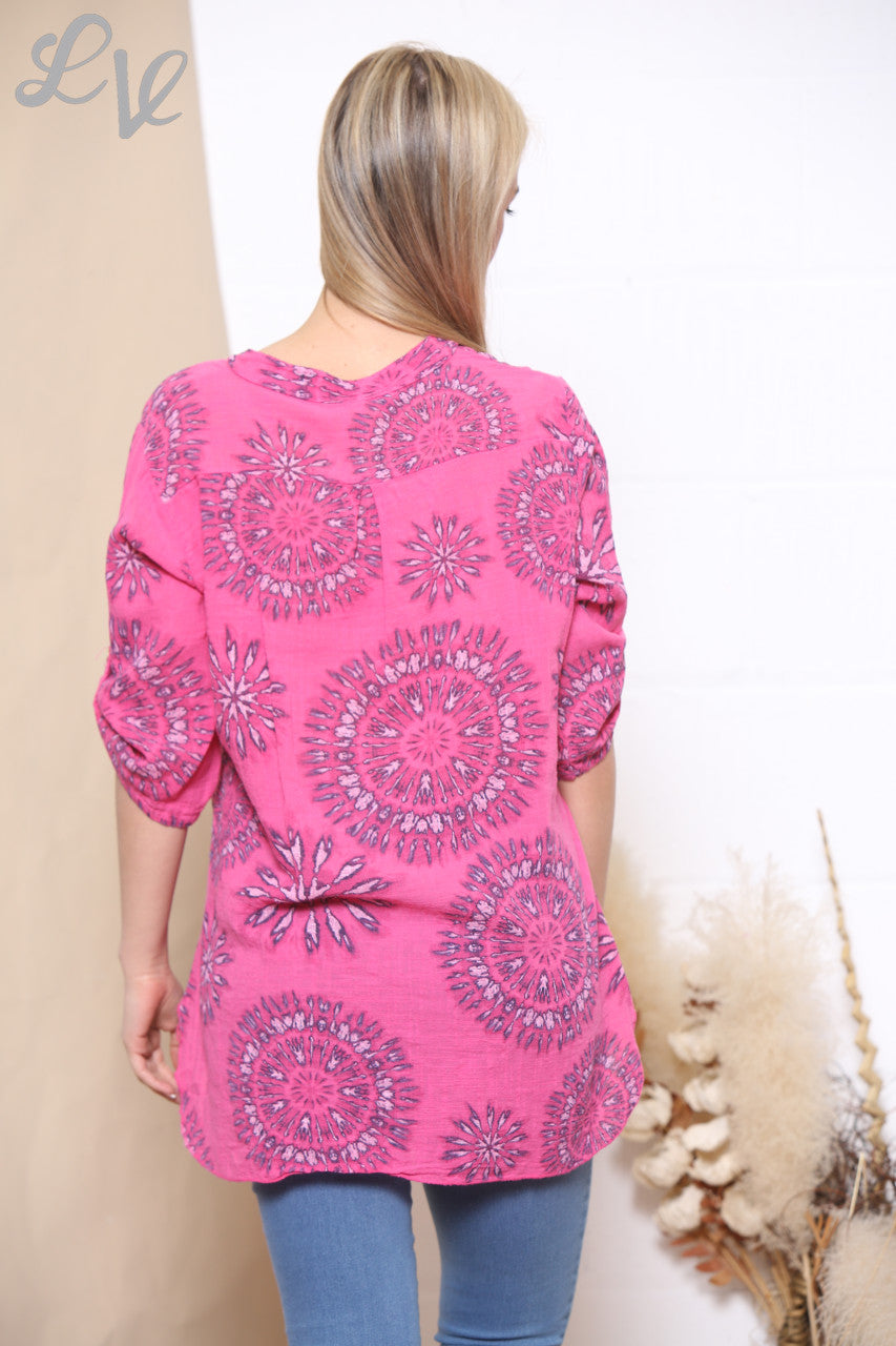 Dames Tie-Dye Firework Print Grandad Blouse Cerise