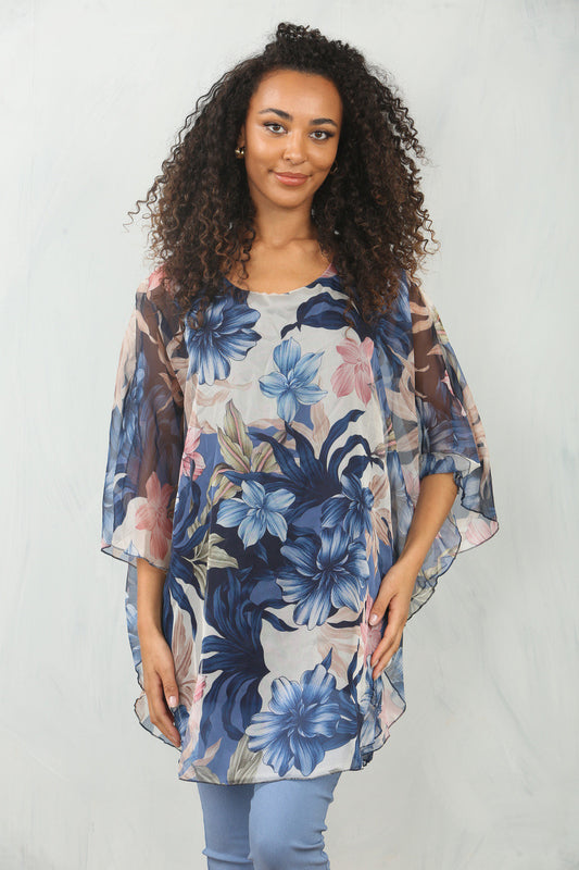 FLORAL LEAF PRINT FLOATY BLOUSE TOP - NAVY