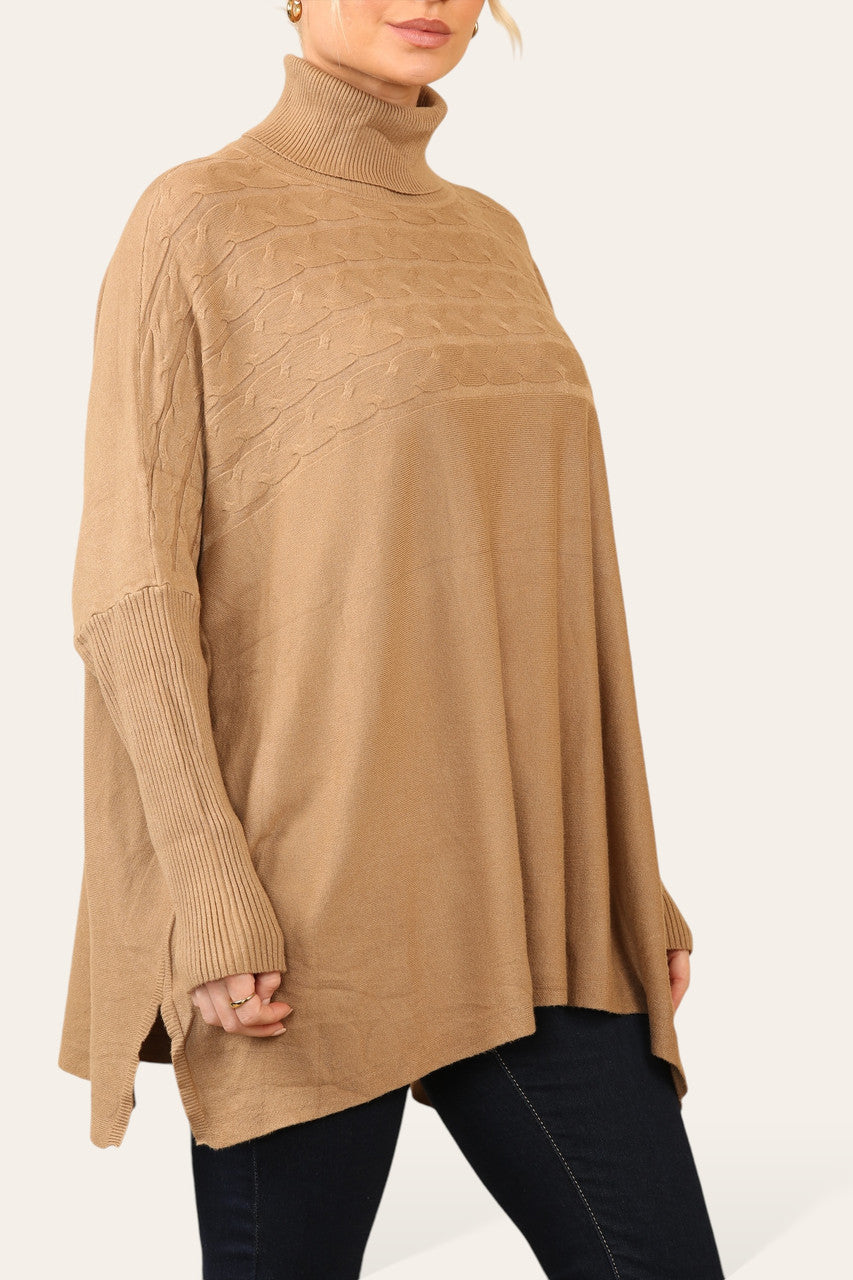 CABLE KNIT EMBROIDERY BATWING HIGH NECK JUMPER CAMEL