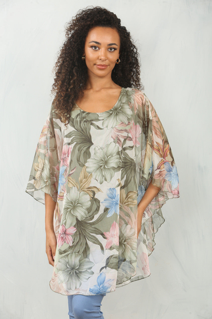 BLOUSE MET BLOEM-/BLADPRINT EN WIJDE PASVORM - KHAKI