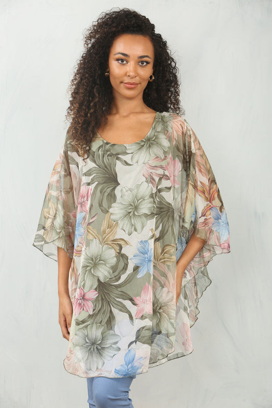 FLORAL LEAF PRINT FLOATY BLOUSE TOP - KHAKI