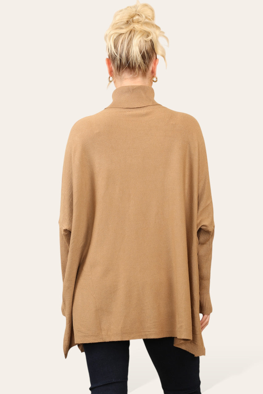 CABLE KNIT EMBROIDERY BATWING HIGH NECK JUMPER CAMEL