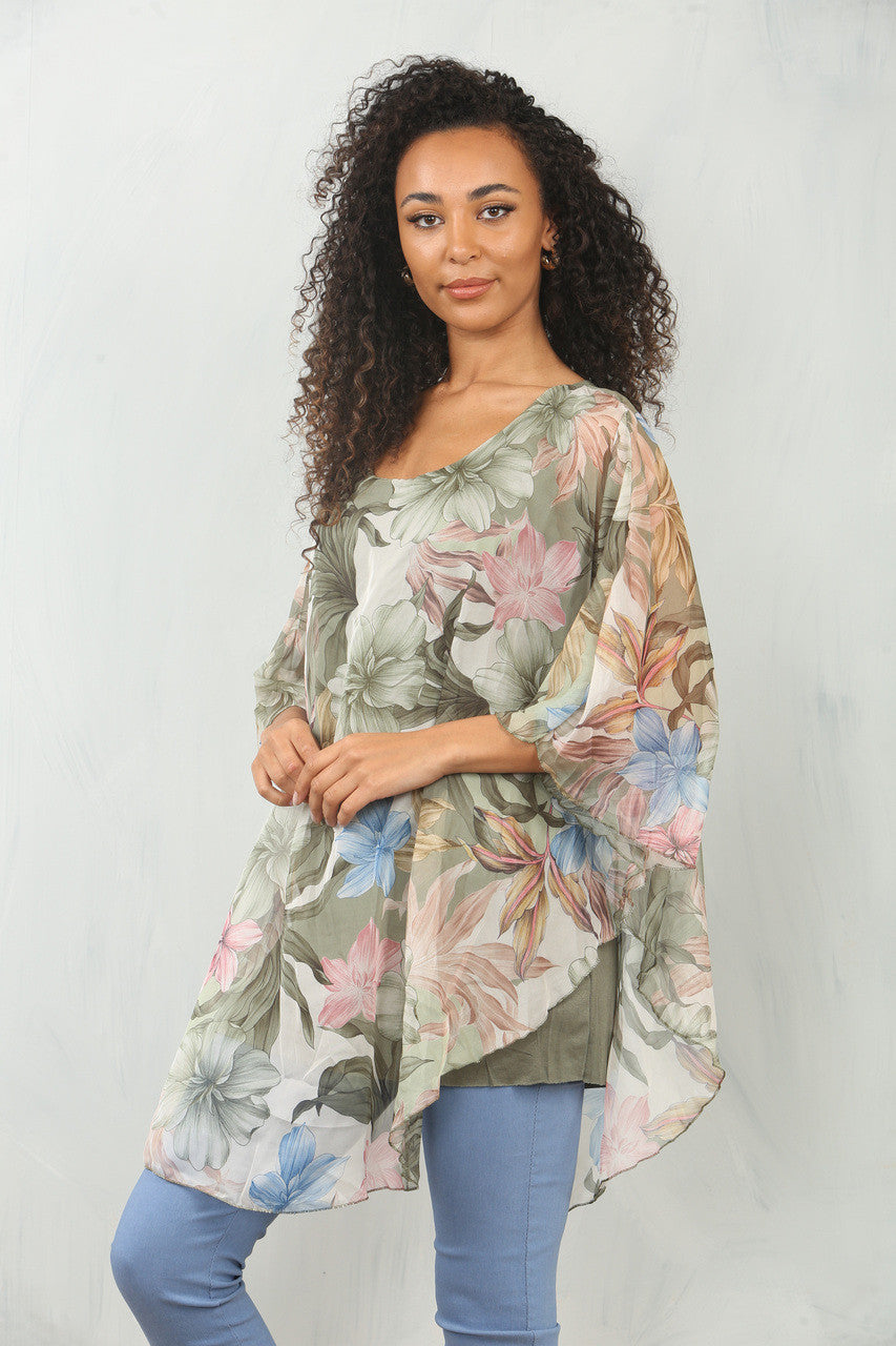 BLOUSE MET BLOEM-/BLADPRINT EN WIJDE PASVORM - KHAKI