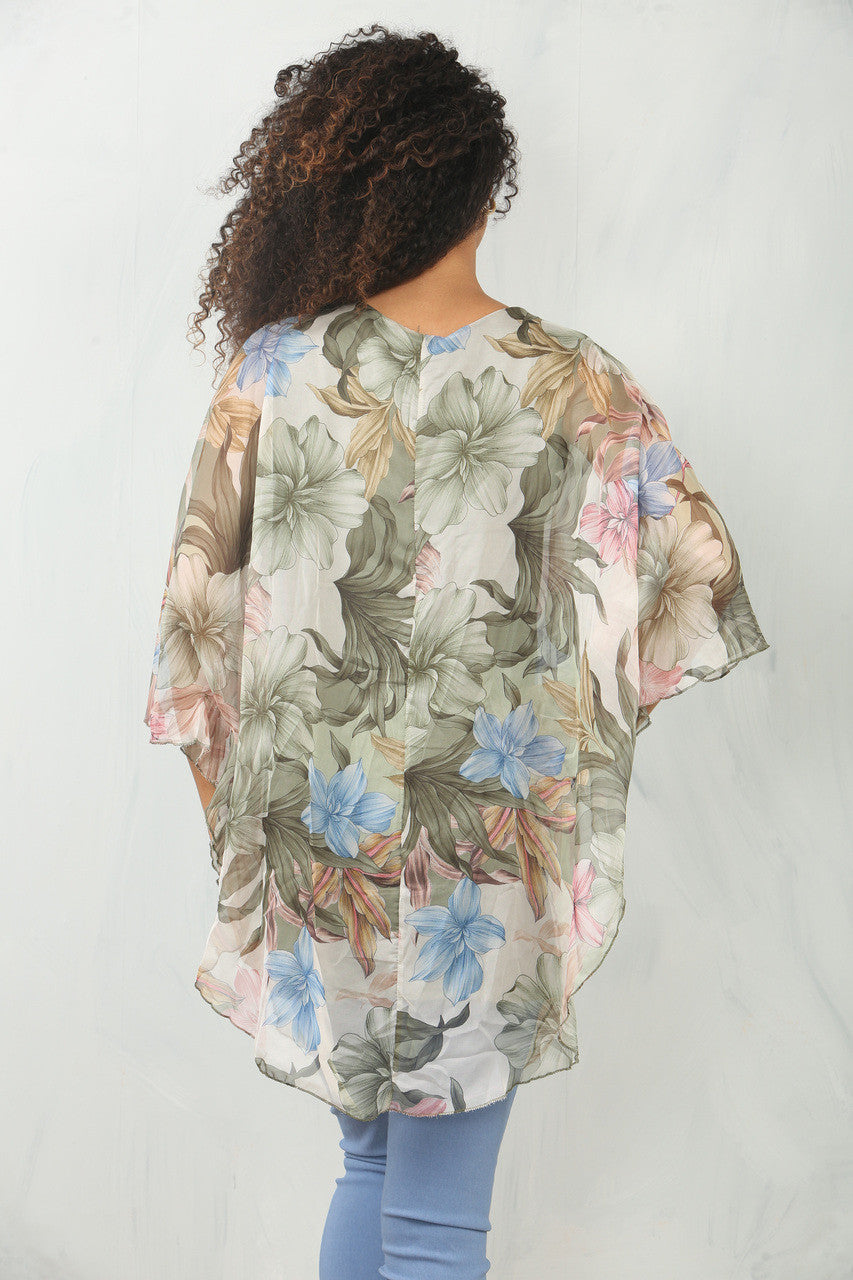 BLOUSE MET BLOEM-/BLADPRINT EN WIJDE PASVORM - KHAKI