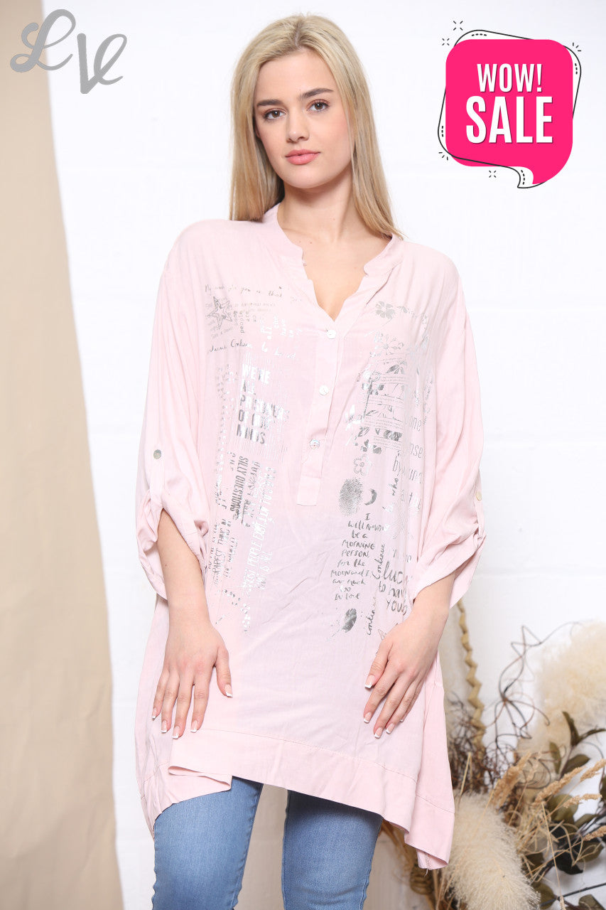Ladies Foil Script Print Blouse Dusty Pink