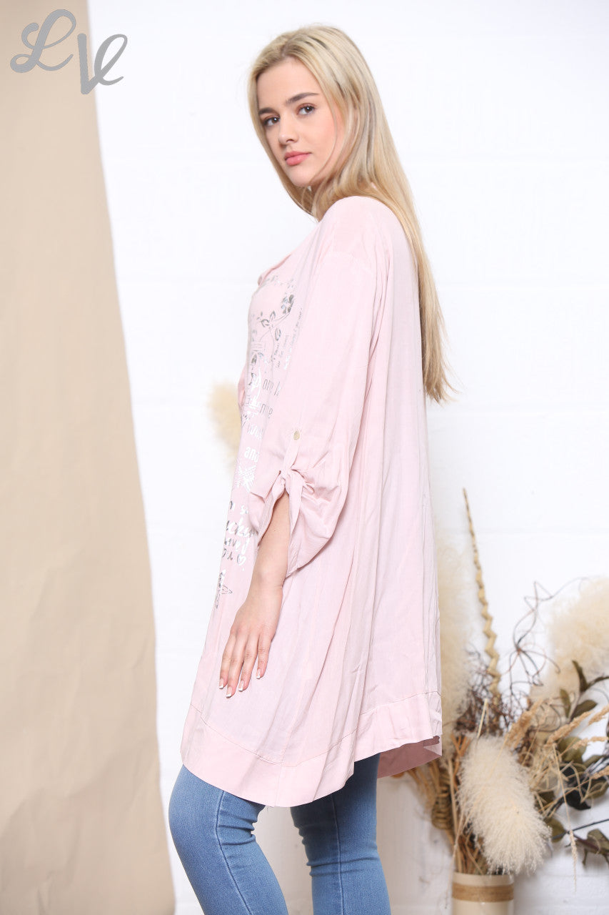 Ladies Foil Script Print Blouse Dusty Pink