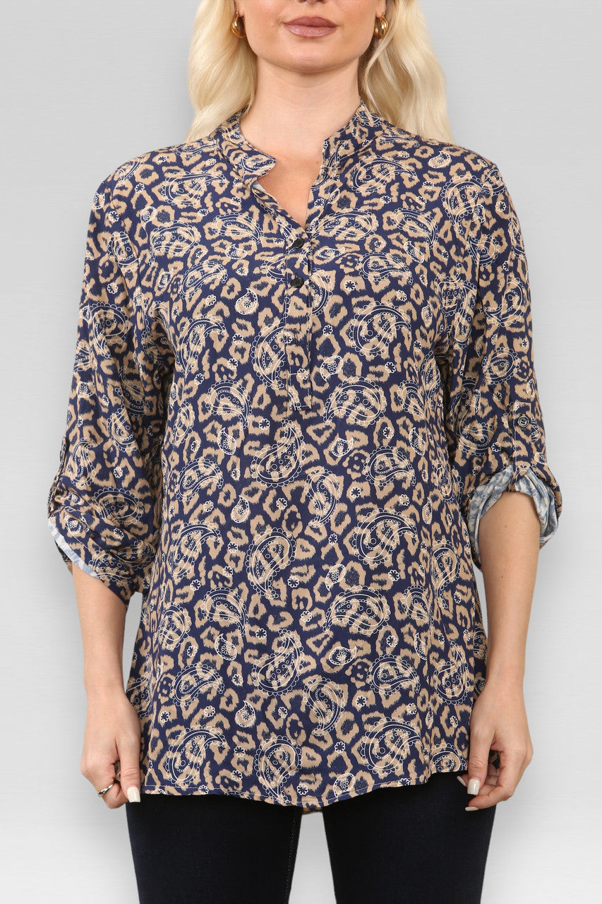 HEMD MET LEOPAARD EN PAISLEY PRINT MARINEBLAUW