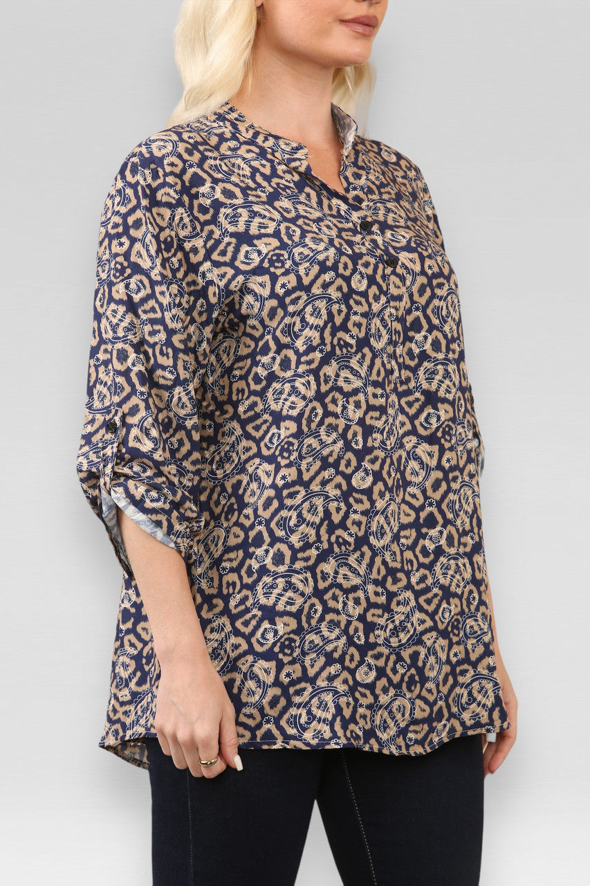 HEMD MET LEOPAARD EN PAISLEY PRINT MARINEBLAUW