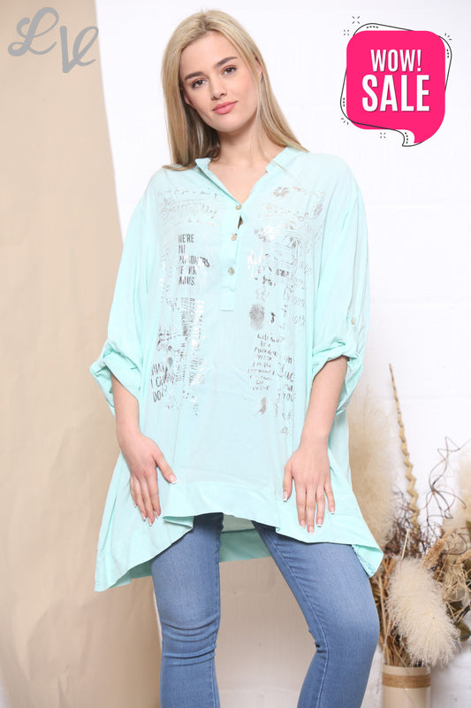 Ladies Foil Script Print Blouse Mint