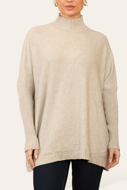 RIBBED SLEEVE HIGH NECK JUMPER STONE