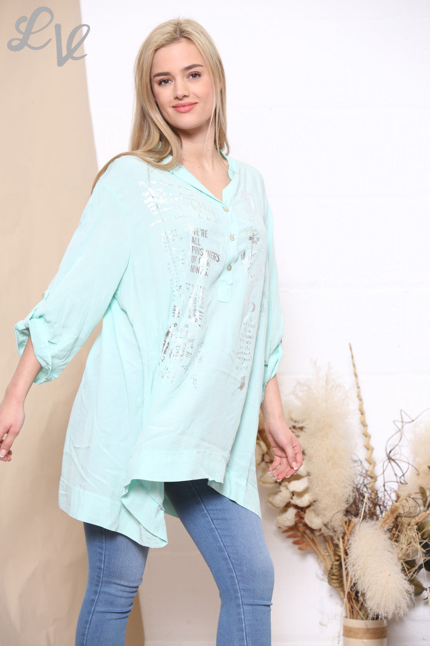 Dames Blouse Folie Script Print Mint