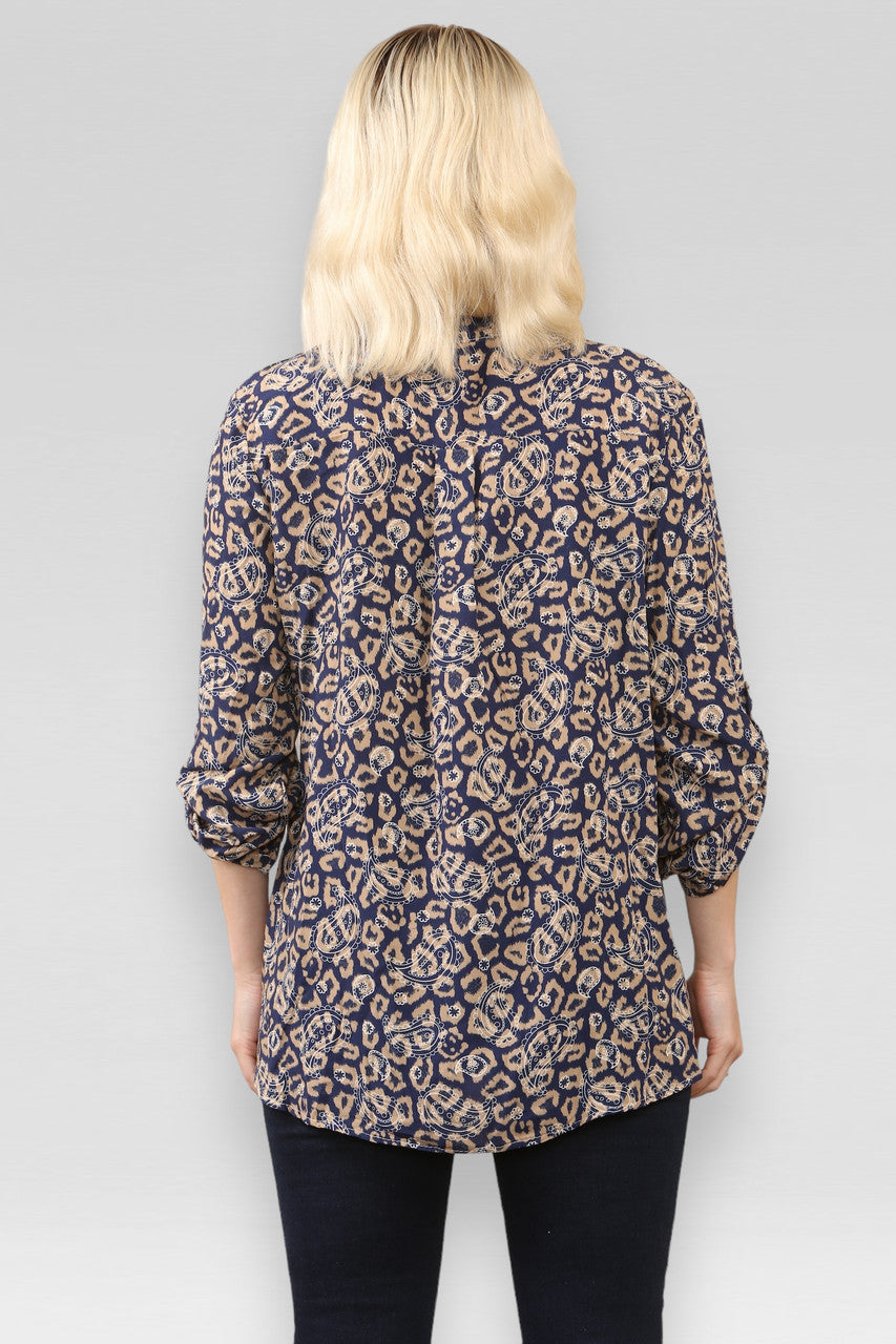 HEMD MET LEOPAARD EN PAISLEY PRINT MARINEBLAUW