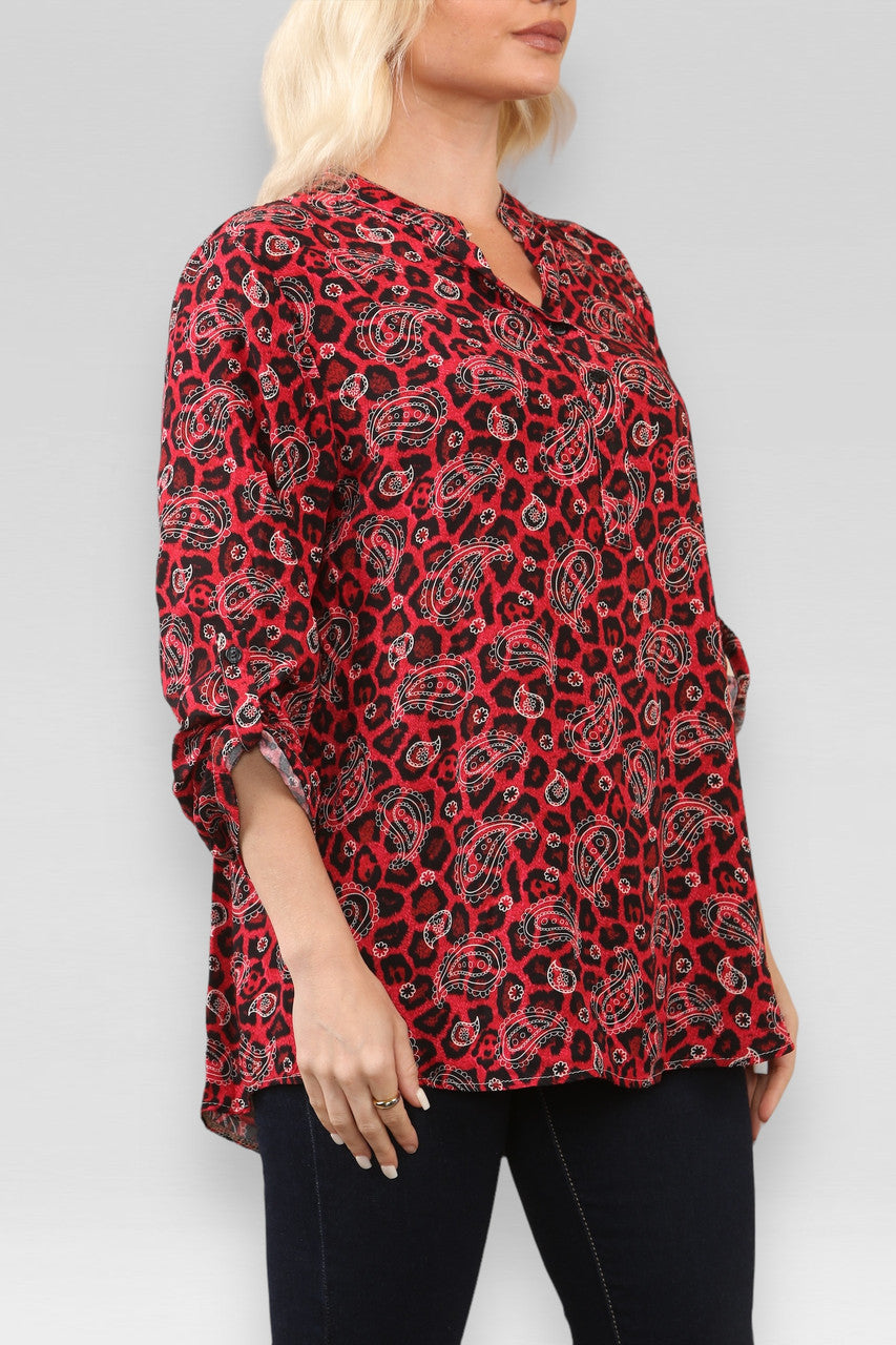 ROOD SHIRT MET LEOPAARD PAISLEY PRINT