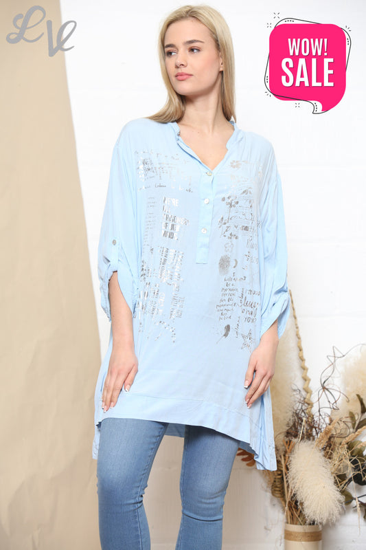 Ladies Foil Script Print Blouse Light Blue