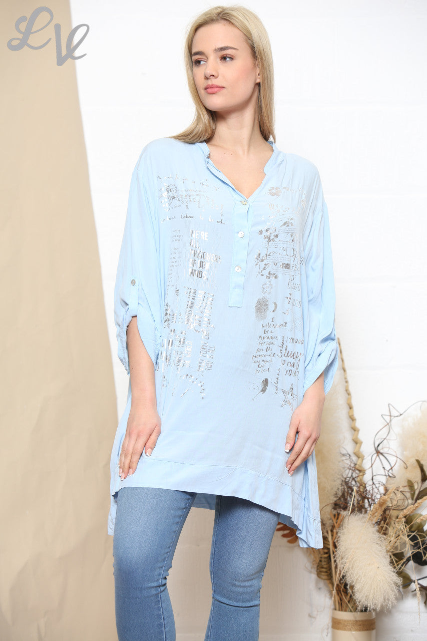 Dames Blouse met Folie Tekstprint Lichtblauw