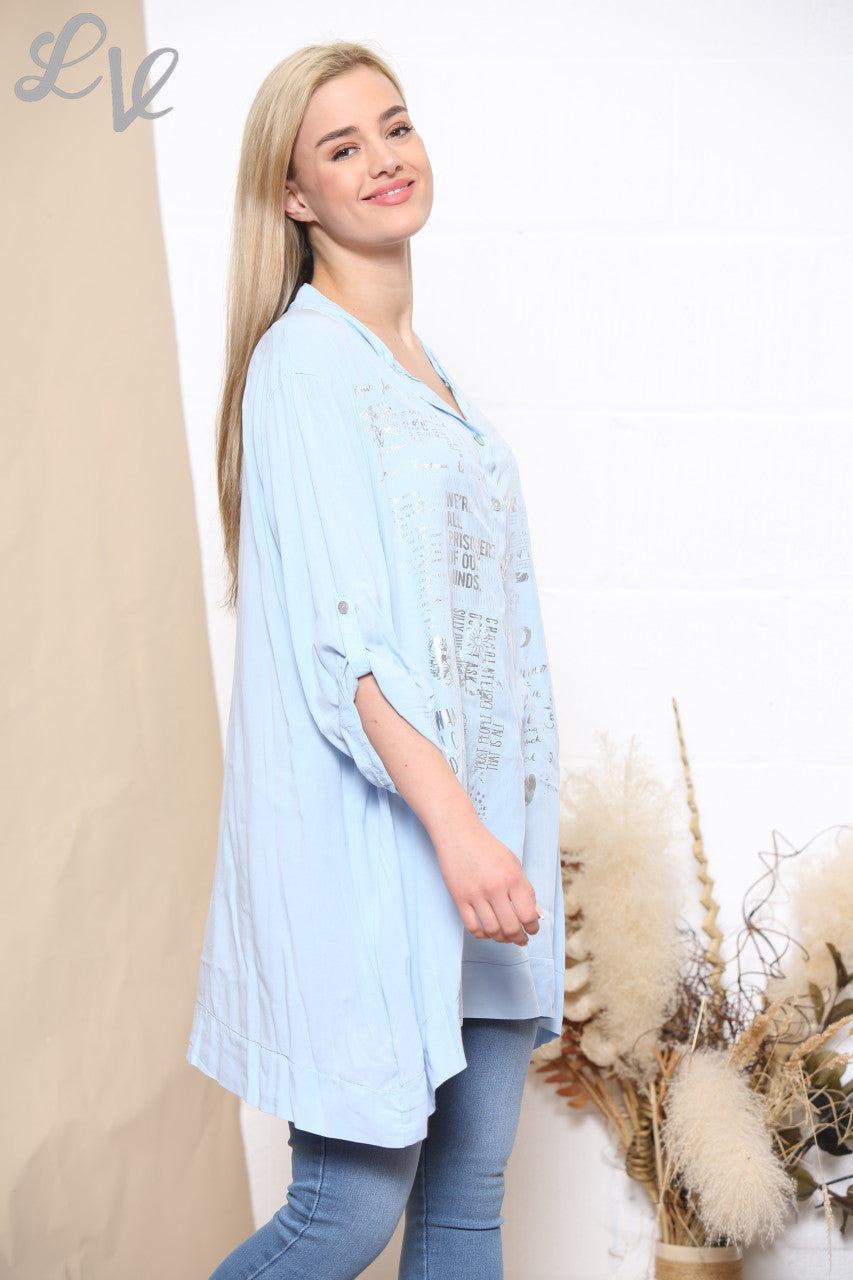 Dames Blouse met Folie Tekstprint Lichtblauw
