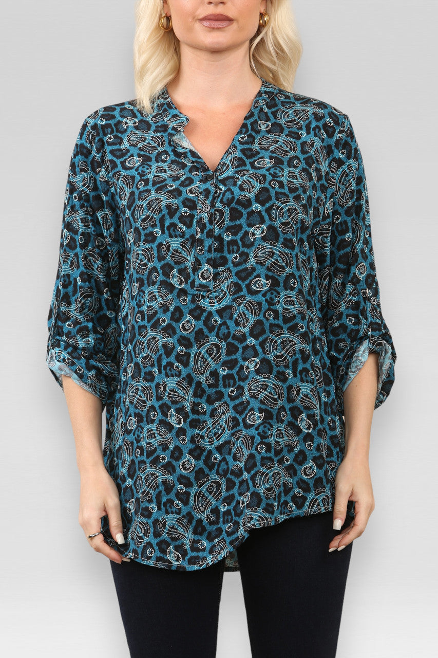 BLOUSE MET LUIPAARD PAISLEYPRINT AQUAMARIJN