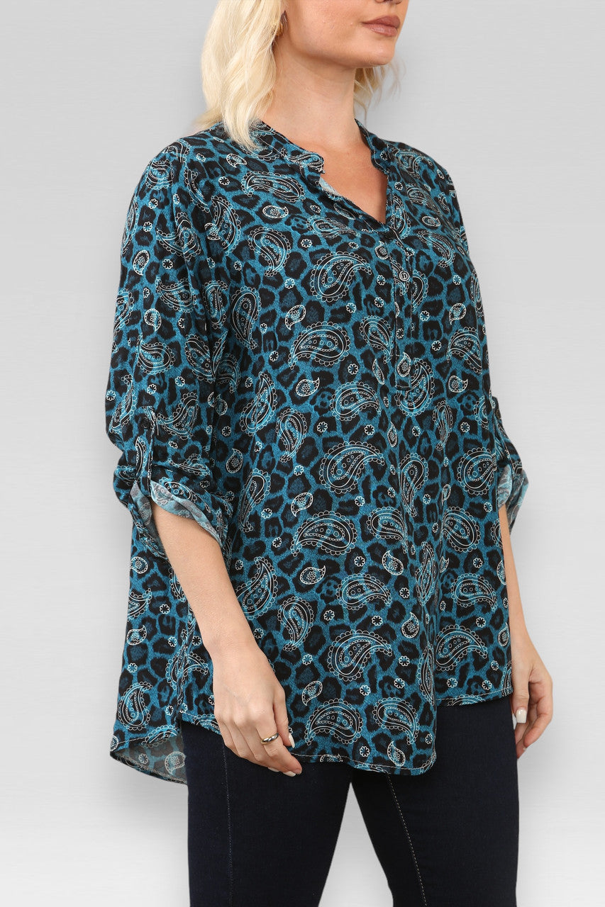 BLOUSE MET LUIPAARD PAISLEYPRINT AQUAMARIJN