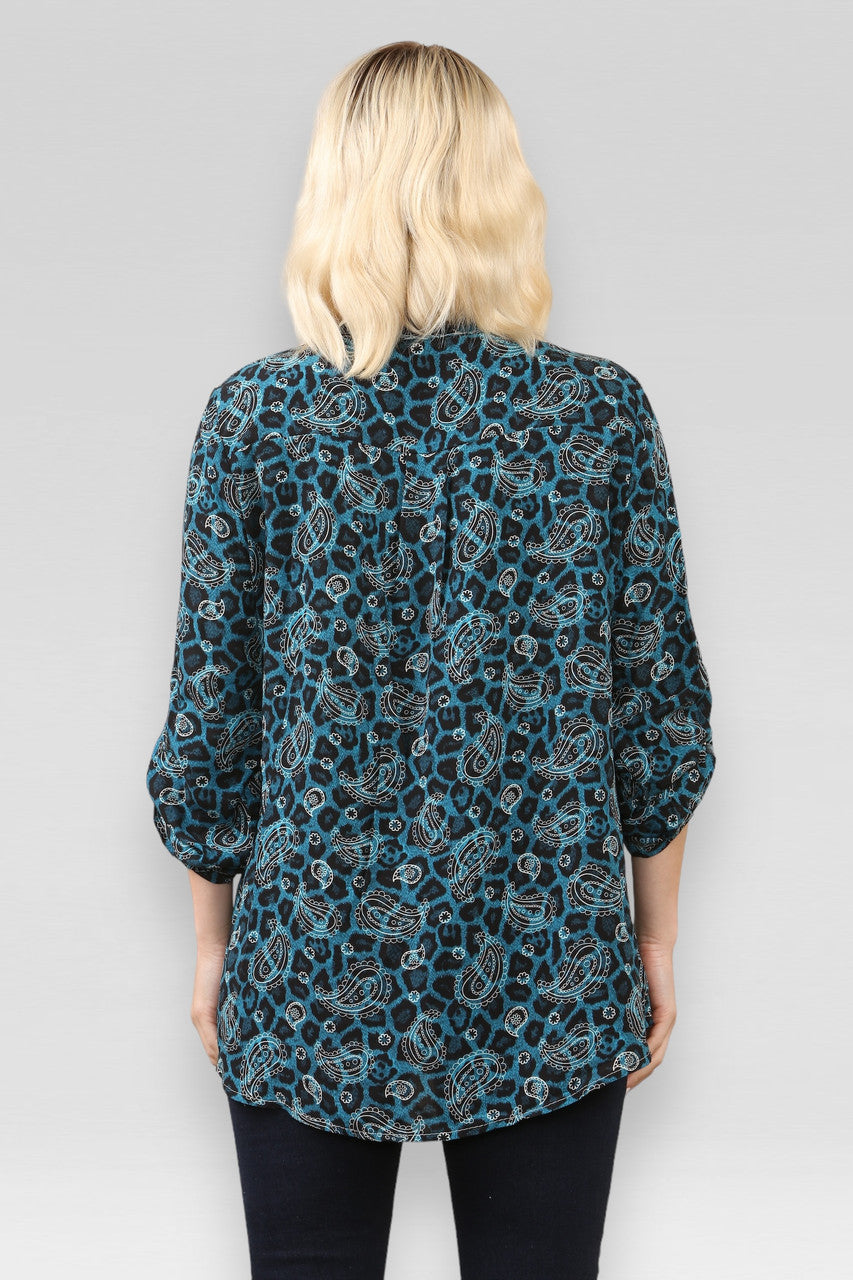 BLOUSE MET LUIPAARD PAISLEYPRINT AQUAMARIJN