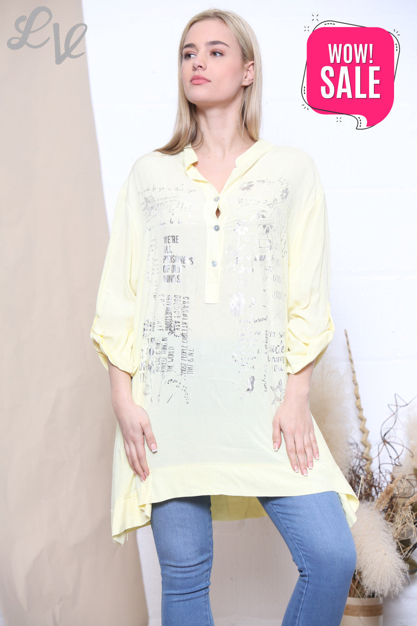 Ladies Foil Script Print Blouse Lemon