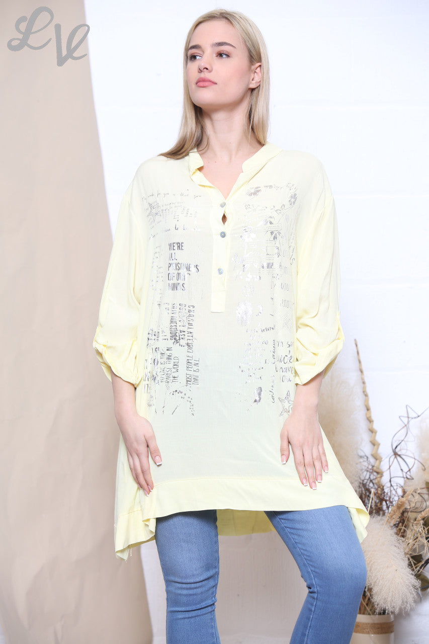 Ladies Foil Script Print Blouse Lemon