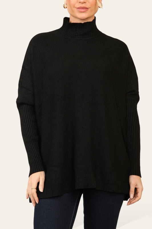 RIBBED SLEEVE HIGH NECK JUMPER BLACK