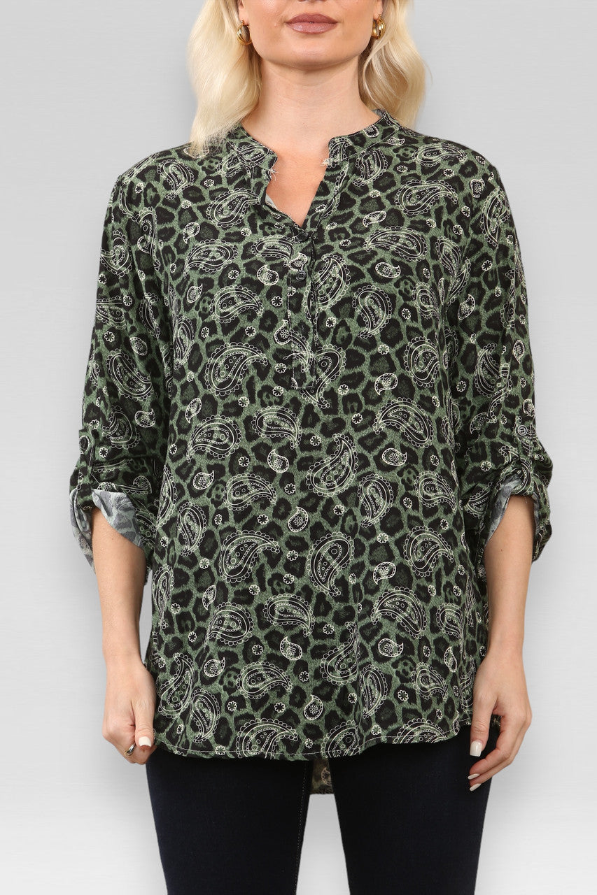 SHIRT MET LEOPAARD EN PAISLEYPRINT KHAKI