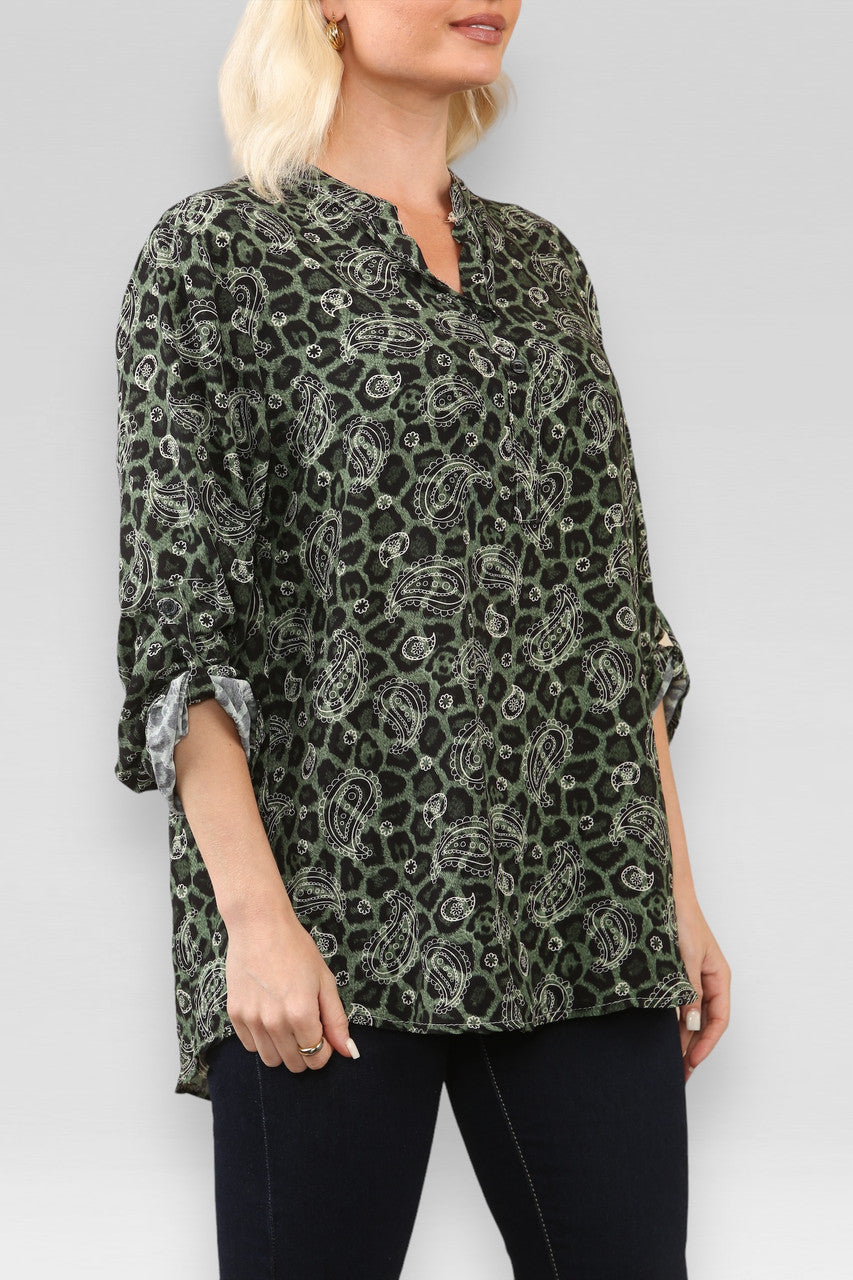 SHIRT MET LEOPAARD EN PAISLEYPRINT KHAKI