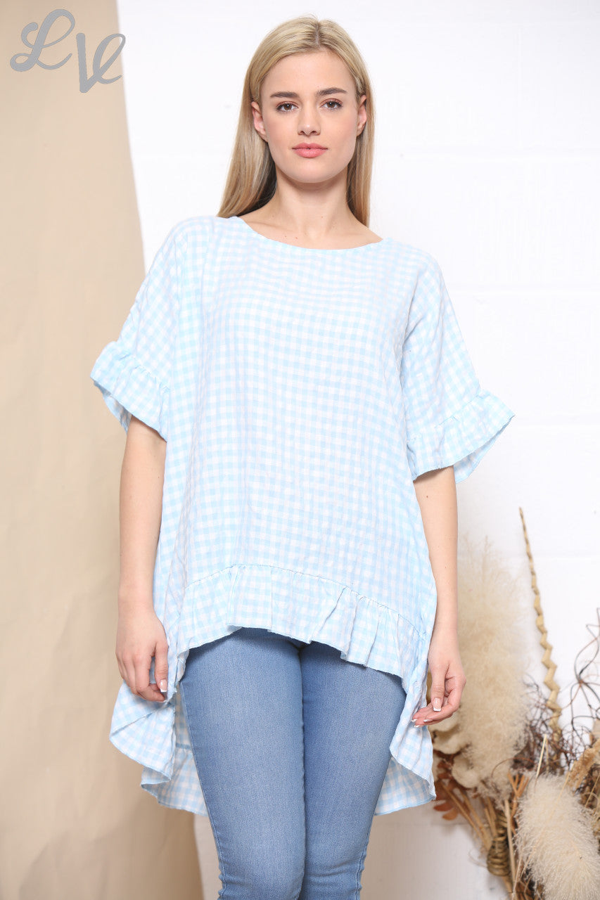 Ladies Gingham Print Frill Hem Top Mint