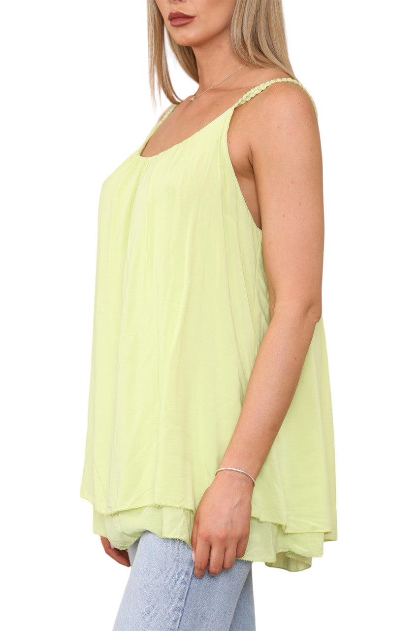 Ladies Plait Detail Strap Vest Top Lime