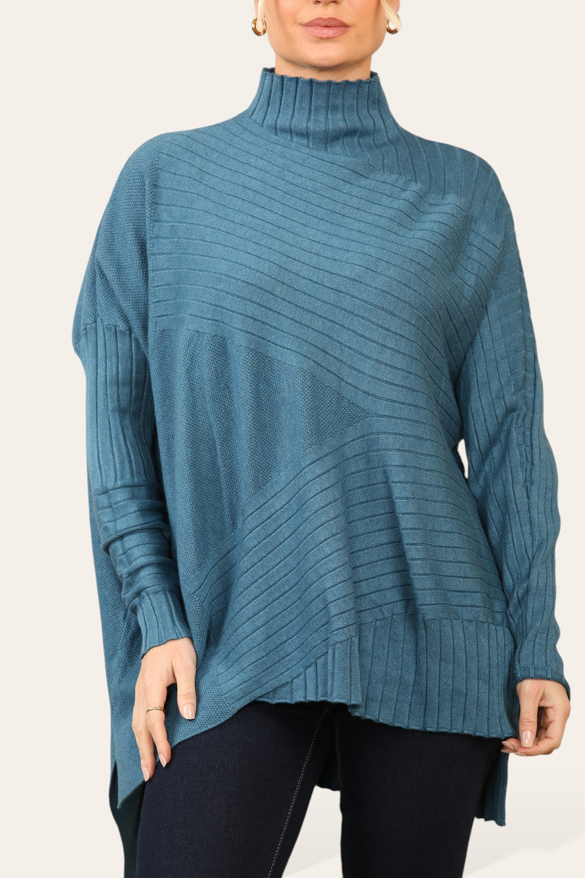 RIBBED ASYMMETRICAL HIGH NECK JUMPER TEAL