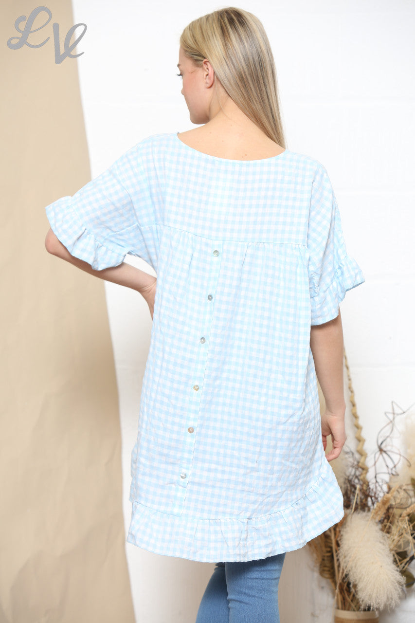 Ladies Gingham Print Frill Hem Top Mint