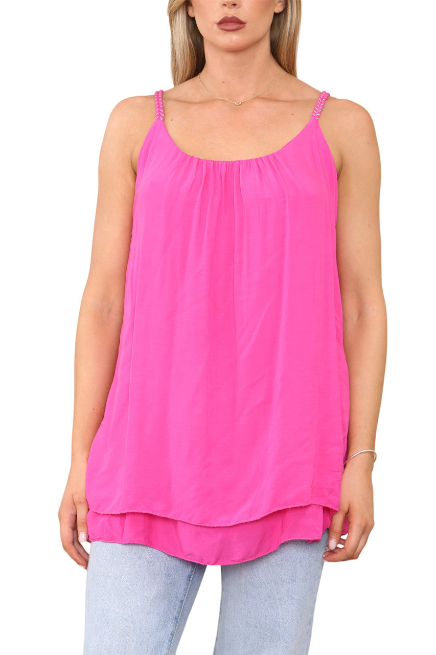 Ladies Plait Detail Strap Vest Top Cerise