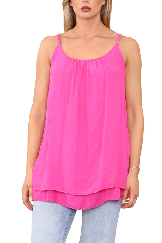 Ladies Plait Detail Strap Vest Top Cerise