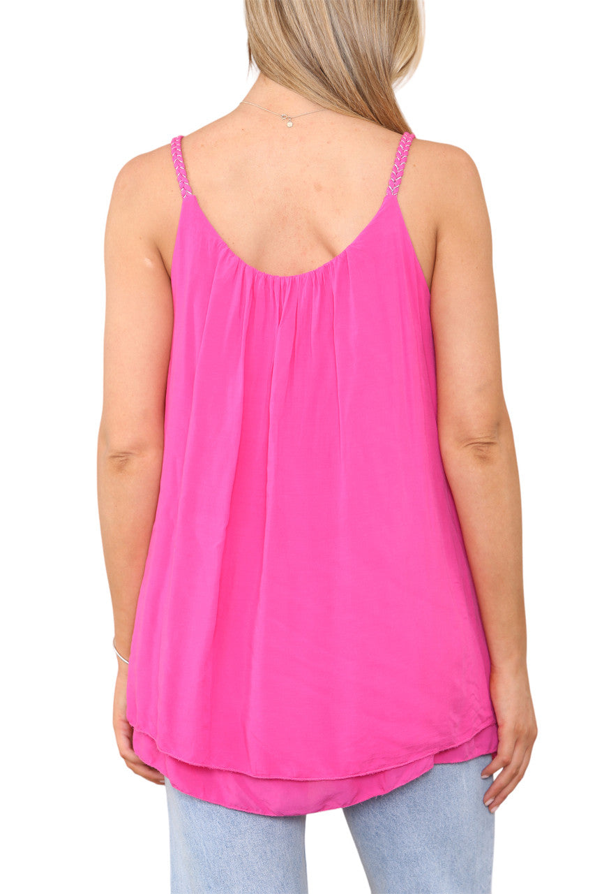 Ladies Plait Detail Strap Vest Top Cerise
