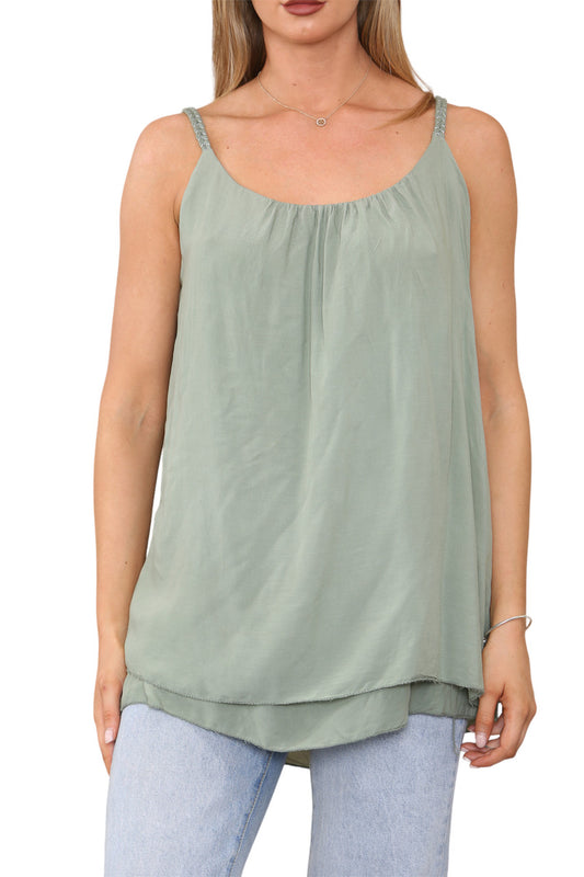 Ladies Plait Detail Strap Vest Top Khaki