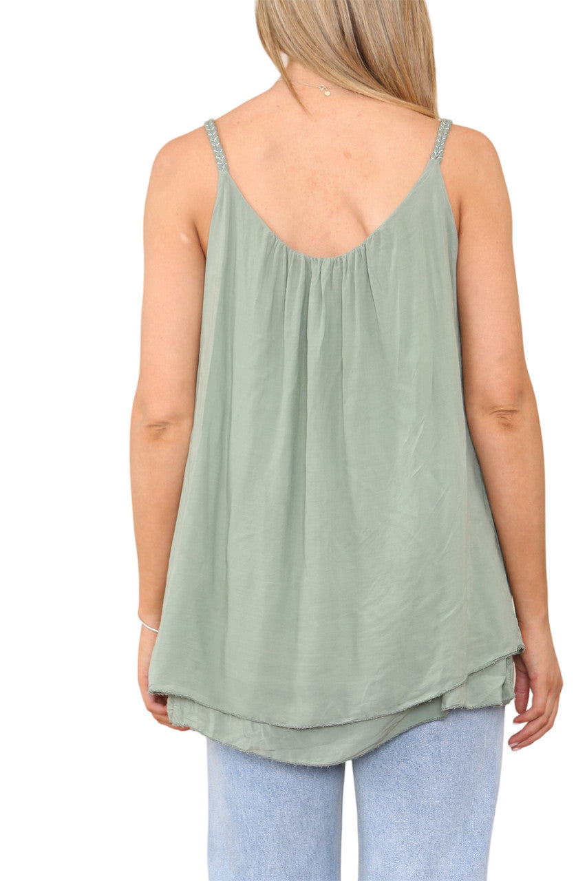 Ladies Plait Detail Strap Vest Top Khaki