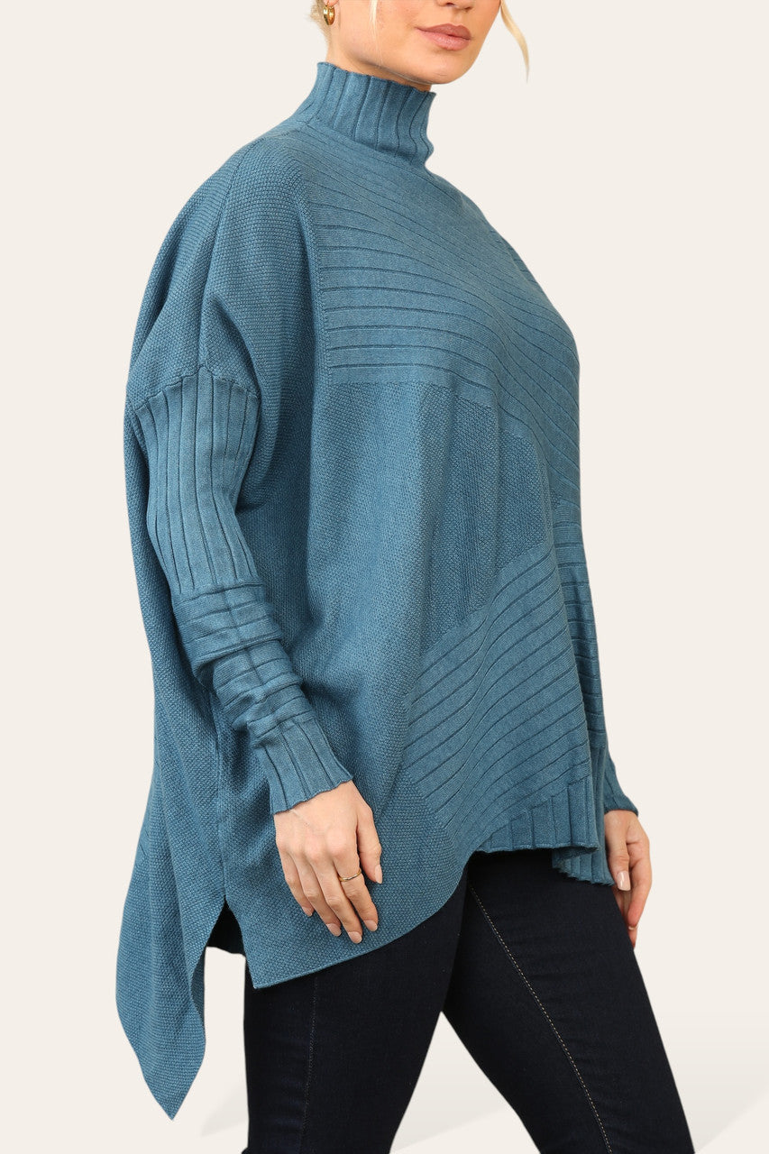 RIBBED ASYMMETRICAL HIGH NECK JUMPER TEAL