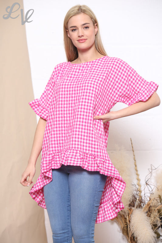 Ladies Gingham Print Frill Hem Top Cerise