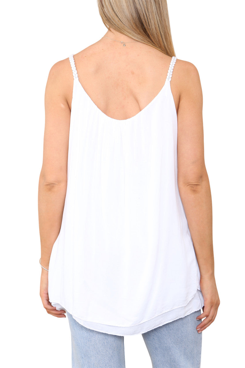Ladies Plait Detail Strap Vest Top White
