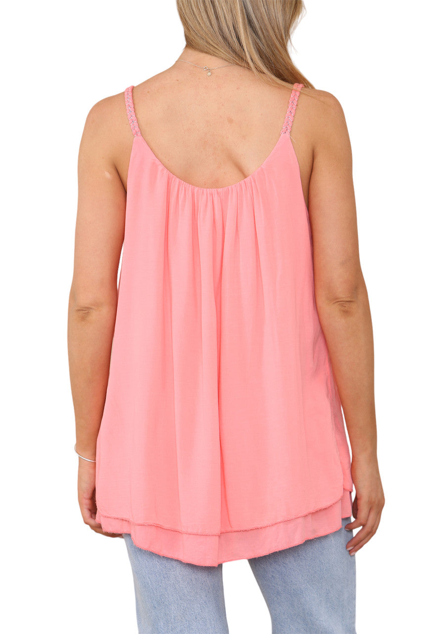 Ladies Plait Detail Strap Vest Top Coral