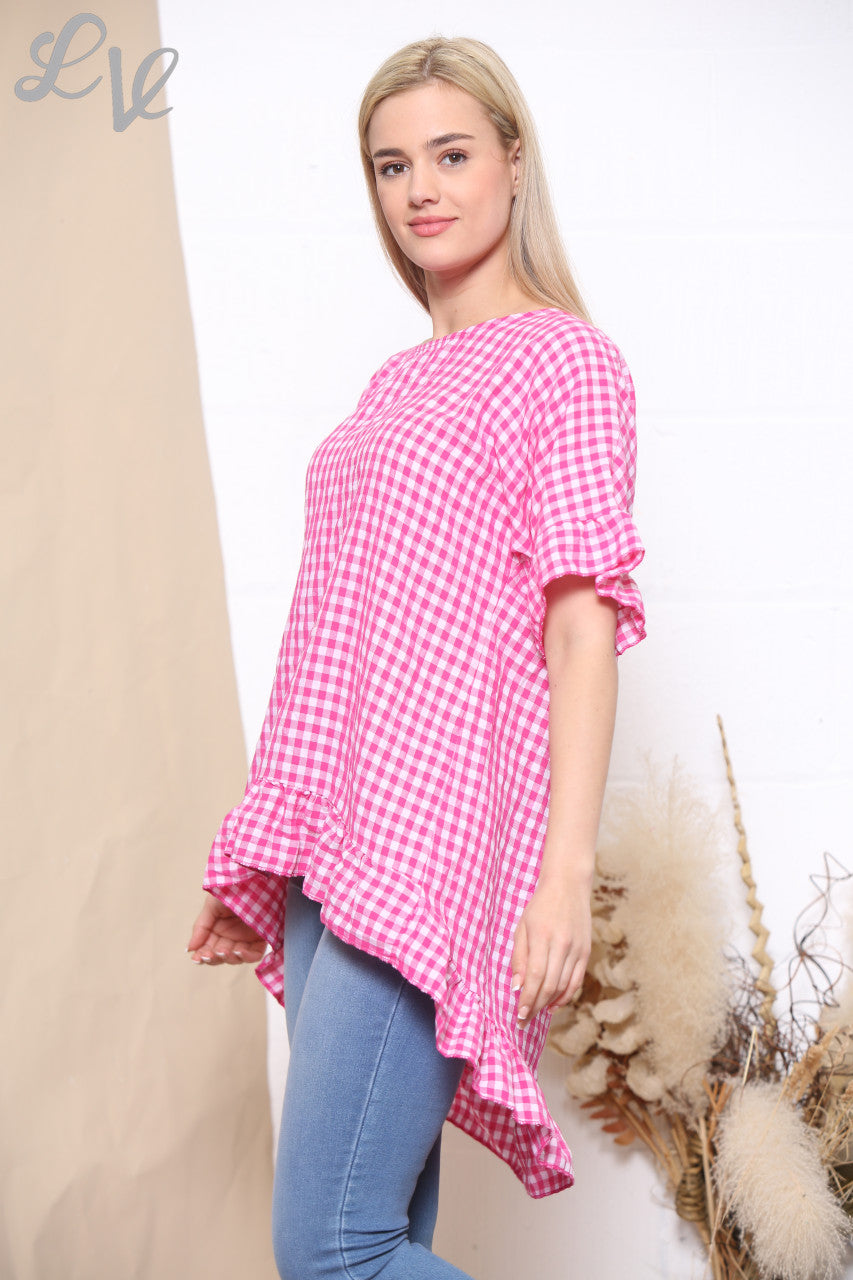 Ladies Gingham Print Frill Hem Top Cerise
