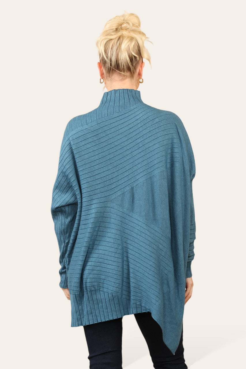RIBBED ASYMMETRICAL HIGH NECK JUMPER TEAL