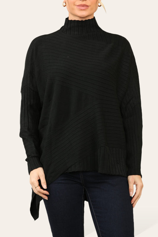 RIBBED ASYMMETRICAL HIGH NECK JUMPER BLACK