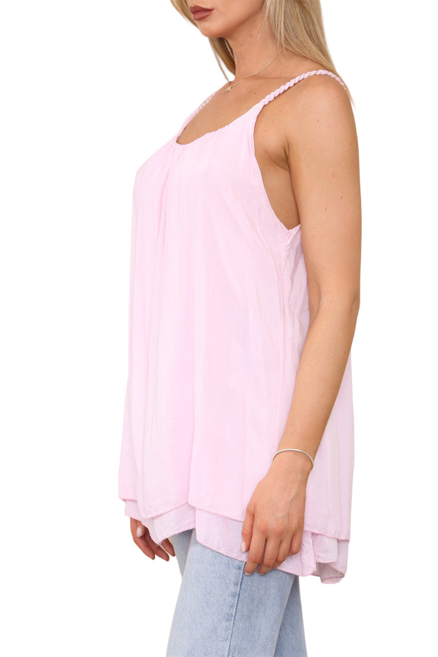 Ladies Plait Detail Strap Vest Top Dusty Pink