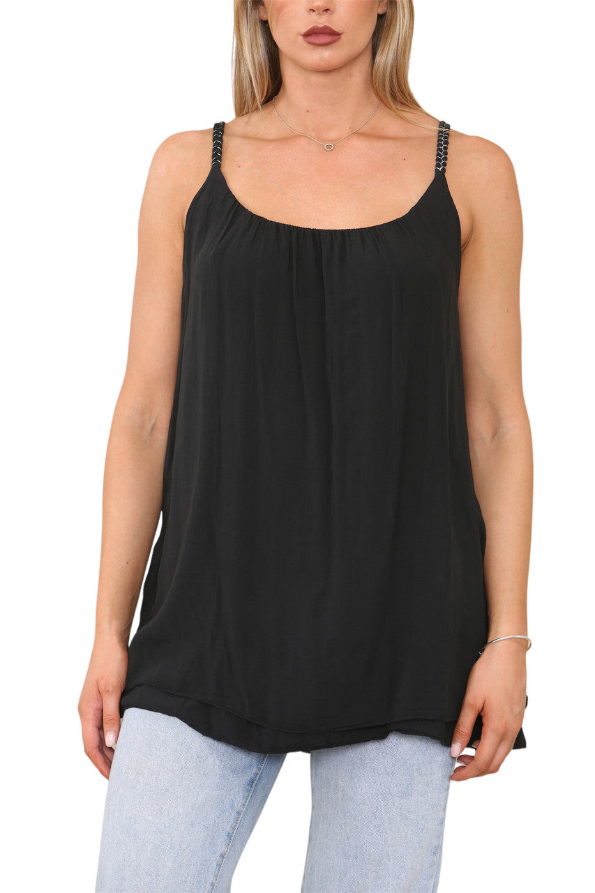 Ladies Plait Detail Strap Vest Top Black